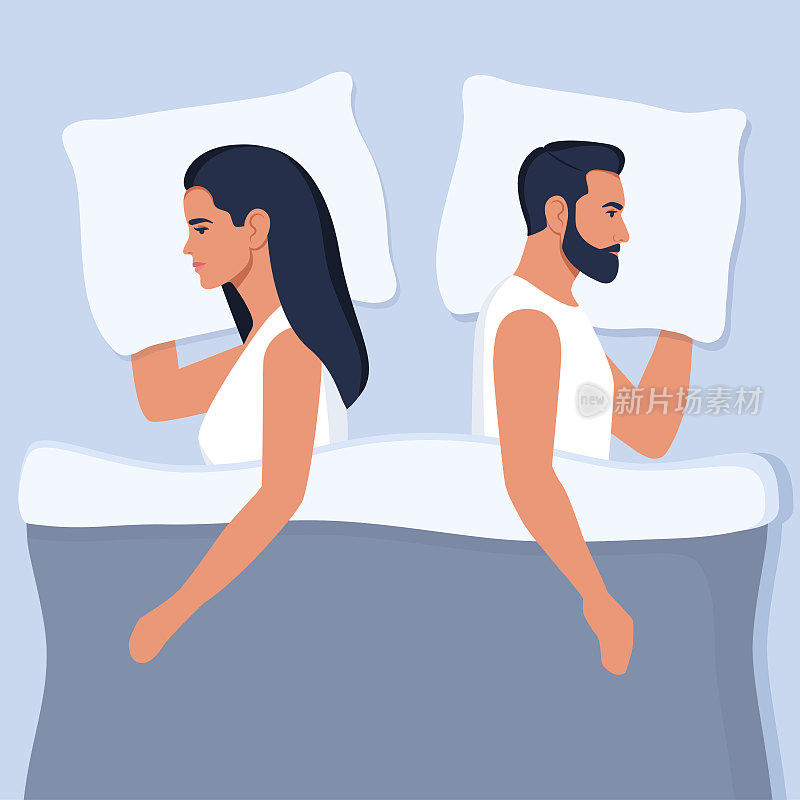 床上的年轻夫妇互相背对着对方。亲密，抑郁夫妻，已婚或性问题。误解，分歧，关系问题。男人和女人在争吵。向量。