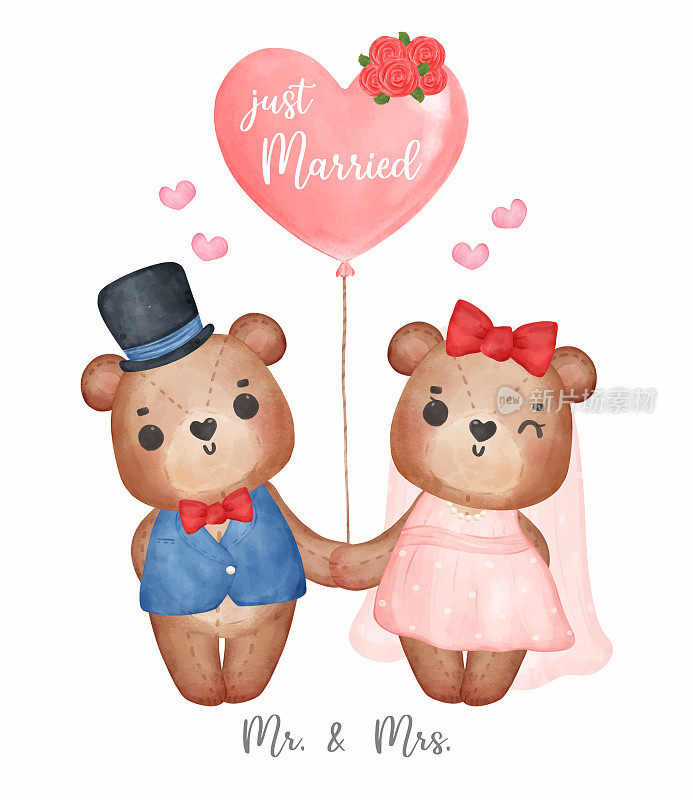 水彩画可爱的两对新人婚礼棕色泰迪熊新郎新娘手牵着手，先生和夫人，卡通人物手绘插图矢量