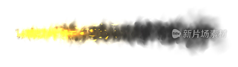 逼真的黑烟带火，太空火箭发射痕迹。大火爆发，爆炸。导弹或子弹痕迹。喷气式飞机的轨迹。烟云，雾。蒸汽流量。矢量图