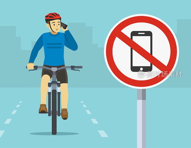 “禁止使用手机”标志的特写。一个骑自行车的人一边骑车一边打电话的孤立的前视图。