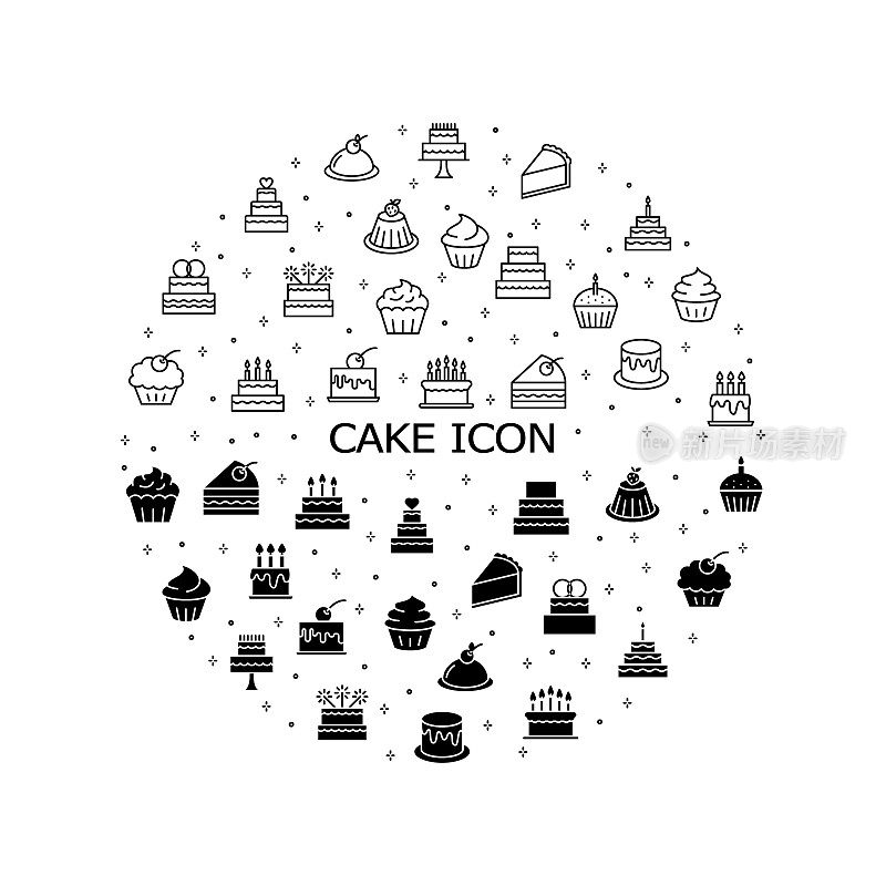 饼平线图标设置。生日烘焙、婚礼蛋糕、杯形蛋糕等甜品。简单的平面矢量插图网站或移动应用程序