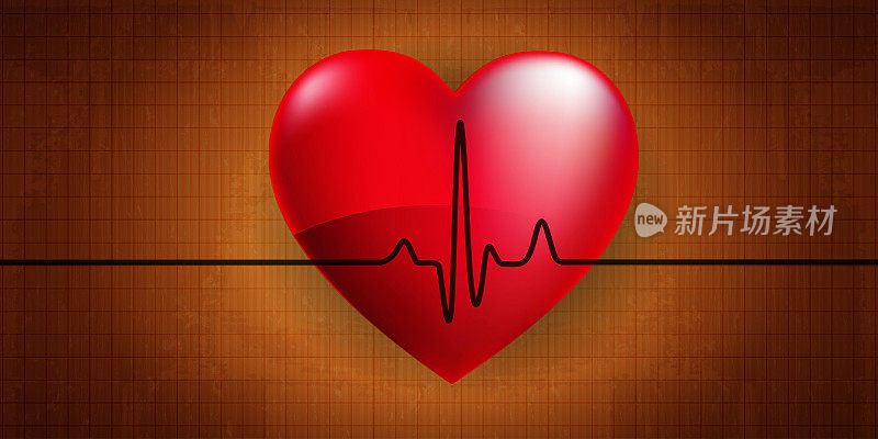 现实主义风格的医学和心脏病学概念。听诊器与心脏和心率在一个抽象的背景彩色纸板。
