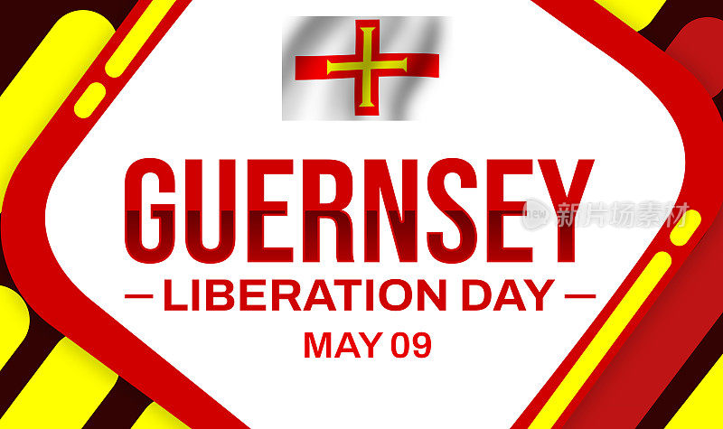 根西岛解放日的背景设计与挥舞的旗帜和色彩缤纷的设计一起排版。根西岛解放日