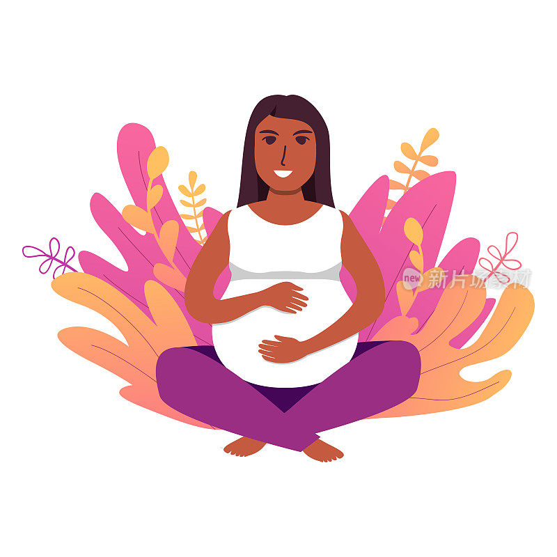 非裔美国孕妇做瑜伽。瑜伽人物冥想的概念。