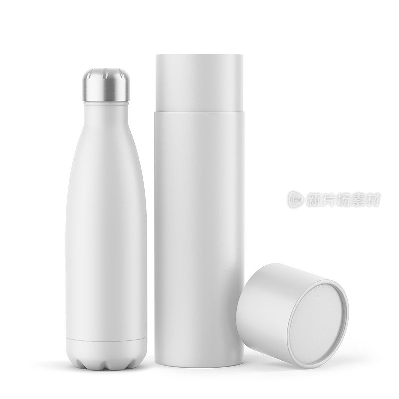 白色柔软的触摸热水瓶与金属盖和纸管倾斜盖模型