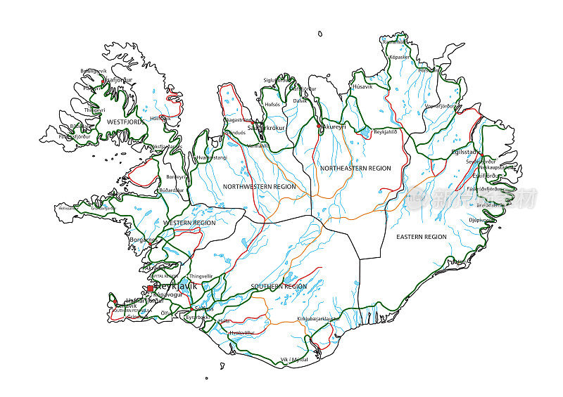 冰岛公路和高速公路地图。矢量插图。