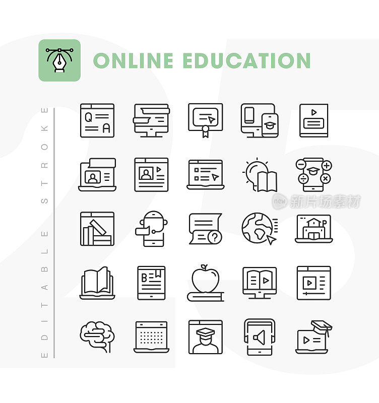 在线教育线路图标设置。可编辑的中风。像素完美。