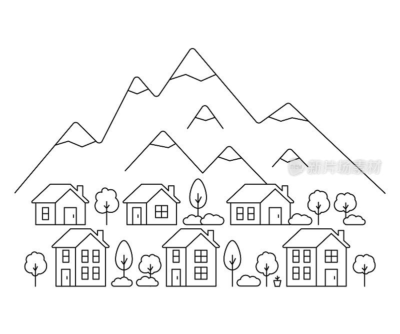 小区民居与山景，线条艺术绘画。一座座山、一座座小山，自然以简单的轮廓勾勒。建筑，房地产建筑，公寓。向量