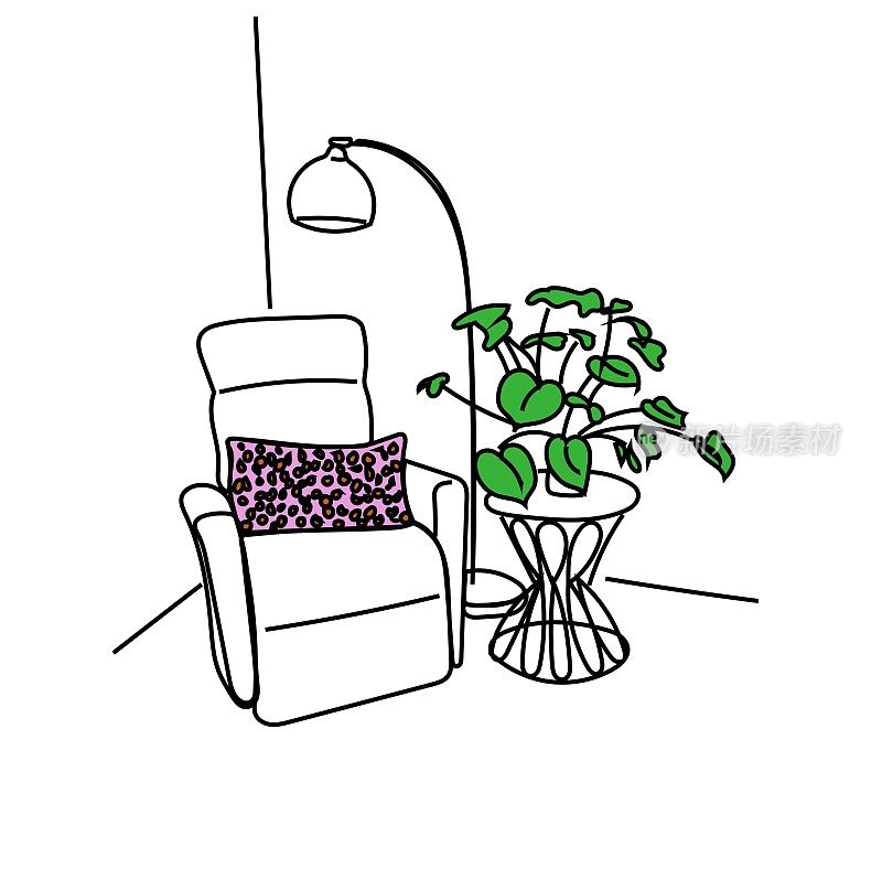 舒适的椅子和多叶植物粉红色