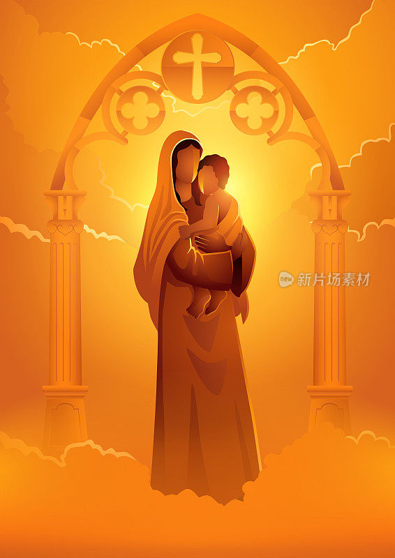 哥特式大门装饰上的圣母玛利亚和婴儿耶稣