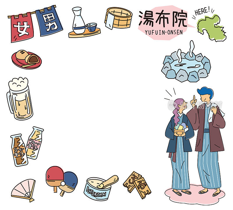 日本大分的裕富温泉和一组温泉图标和一对穿着浴衣的夫妇(线条画)