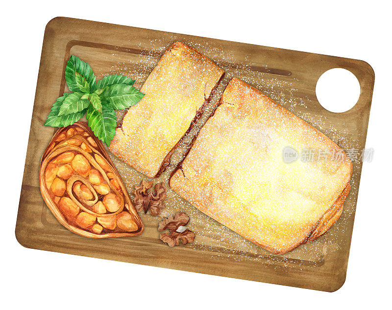 木板上的脆皮苹果馅饼，配上苹果和坚果