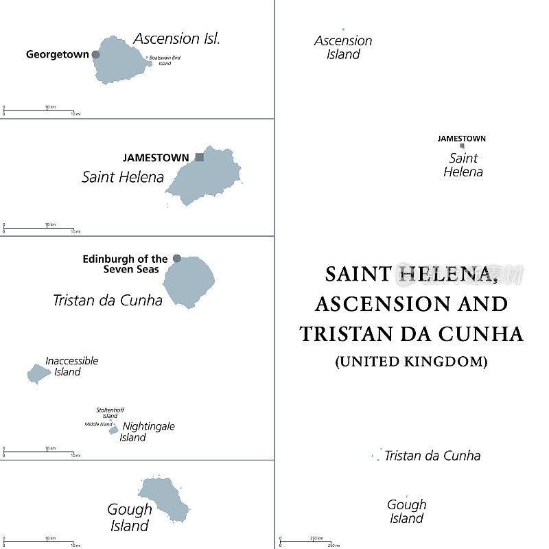 圣赫勒拿岛，阿森松岛和特里斯坦达库尼亚，灰色政治地图