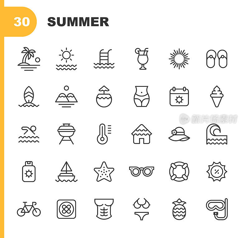 夏季线路图标。可编辑的中风。像素完美。移动和Web。包含这样的图标，如腹肌，海滩，自行车，巡航，折扣，潜水，饮料，烧烤，帽子，冰淇淋，岛屿，救生圈，房车，棕榈树，船，海星，冲浪，热带。