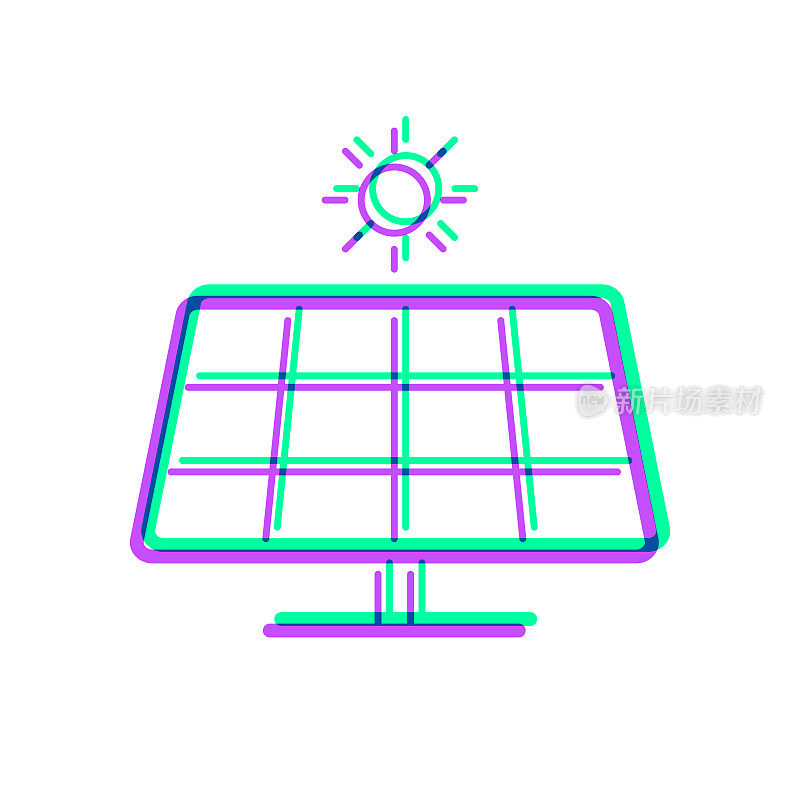太阳能电池板与太阳。图标与两种颜色叠加在白色背景上