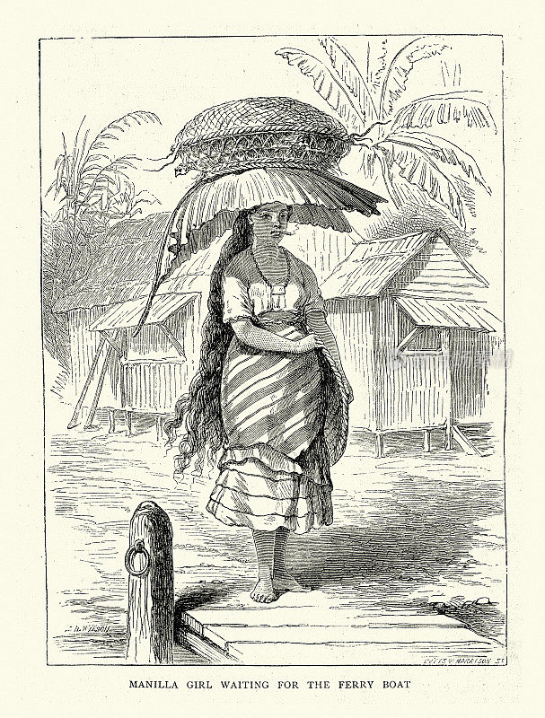 19世纪70年代，马尼拉女孩在等渡船，头上顶着篮子，大树叶当伞