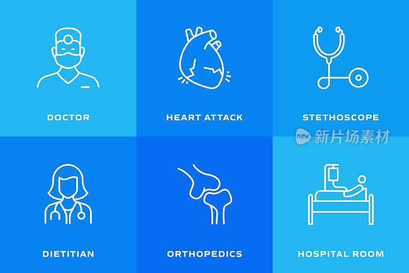 医疗保健和医学相关的矢量线图标。轮廓符号集合