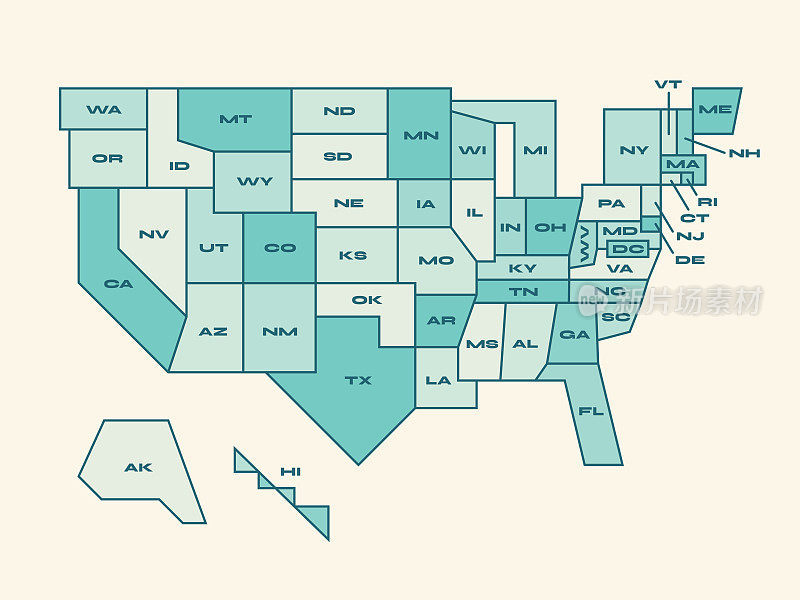 现代美国几何形状标记州地图