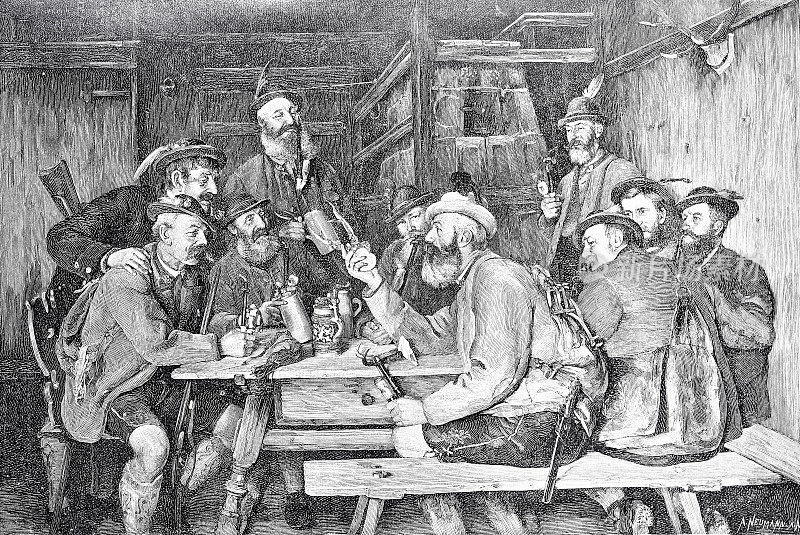 猎人坐在高山上的常客桌旁，互相讲故事，J?gerlatein