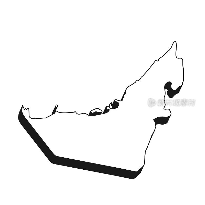 阿拉伯联合酋长国地图与黑色轮廓和阴影在白色背景