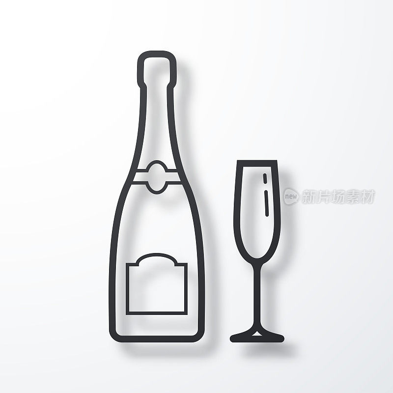 香槟酒瓶和酒杯。线图标与阴影在白色背景