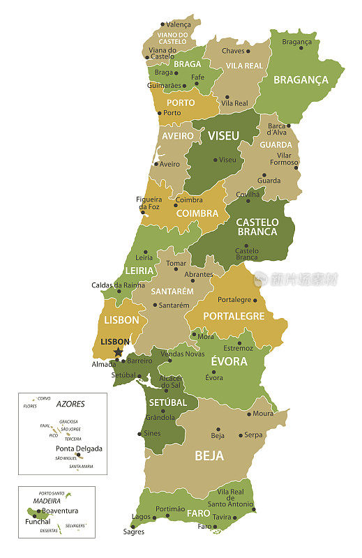 葡萄牙地图。矢量彩色地图葡萄牙