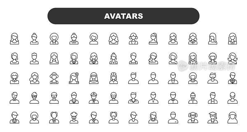 男性和女性头像线图标。可编辑的中风。包含头像，男人，个人资料，用户，社交媒体，人头，人脸，办公室，人，老人，商人，商务人士，移动应用程序配置文件等图标。