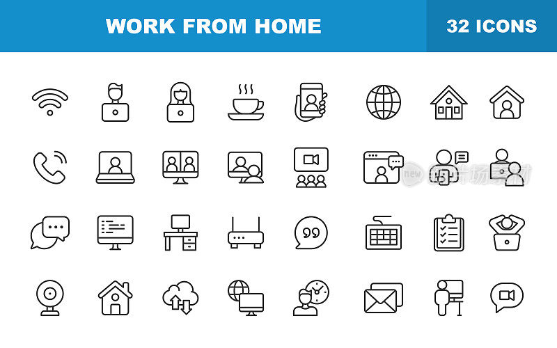 在家工作和远程工作线图标。可编辑的中风。包含Wifi、视频聊天、视频会议、商务会议、在线消息、视频通话、办公桌、摄像头等图标。