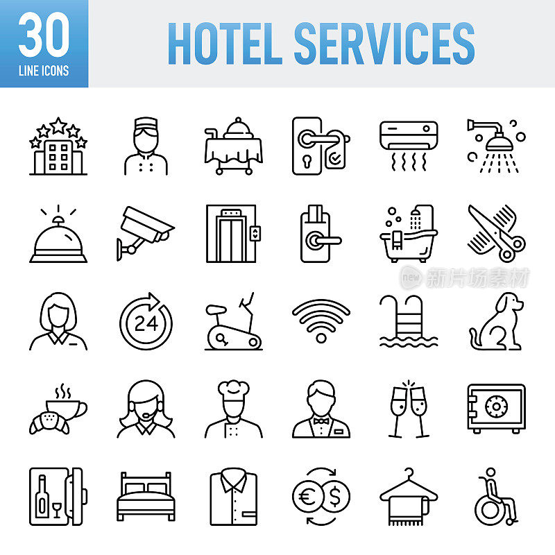 酒店服务-细线矢量图标集。像素完美。移动和Web。该套包含图标:酒店，行李箱，淋浴，床-家具，浴缸，酒店接待，酒店职业，豪华酒店，酒店客房，服务，客房服务，旅游，豪华