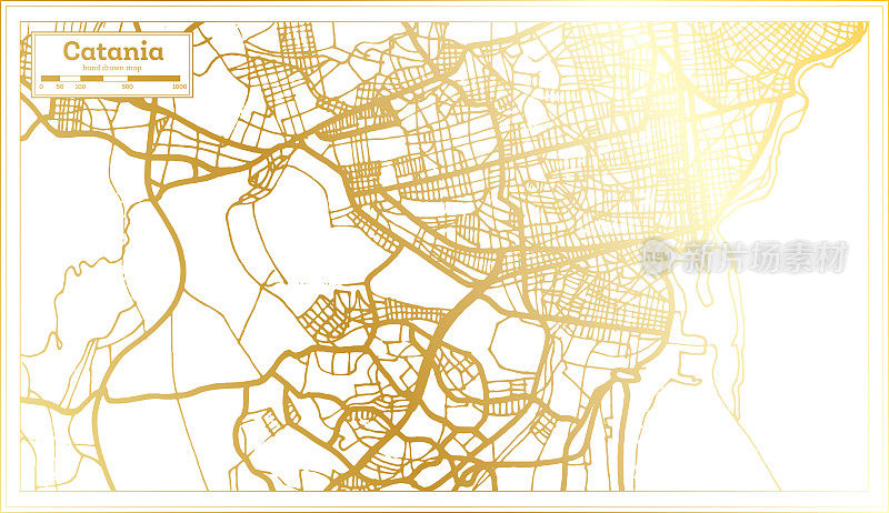 卡塔尼亚意大利城市地图在复古风格在金色。略图。