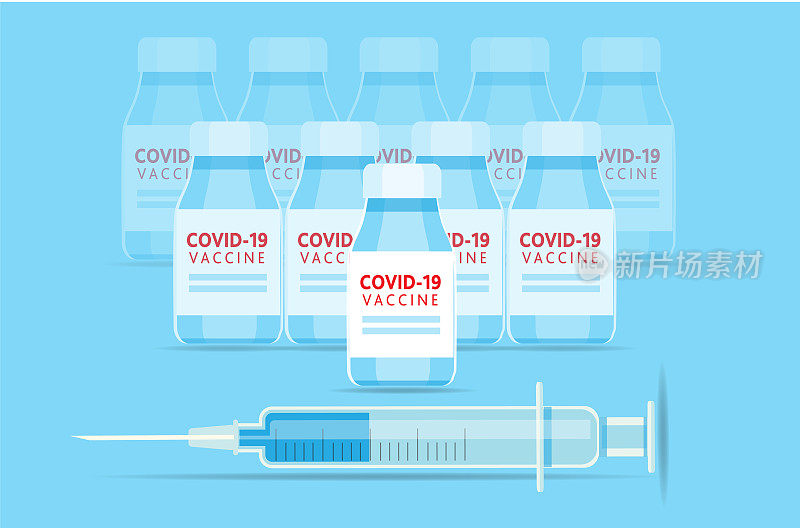 Covid-19流感疫苗注射器和瓶子蓝色背景图标