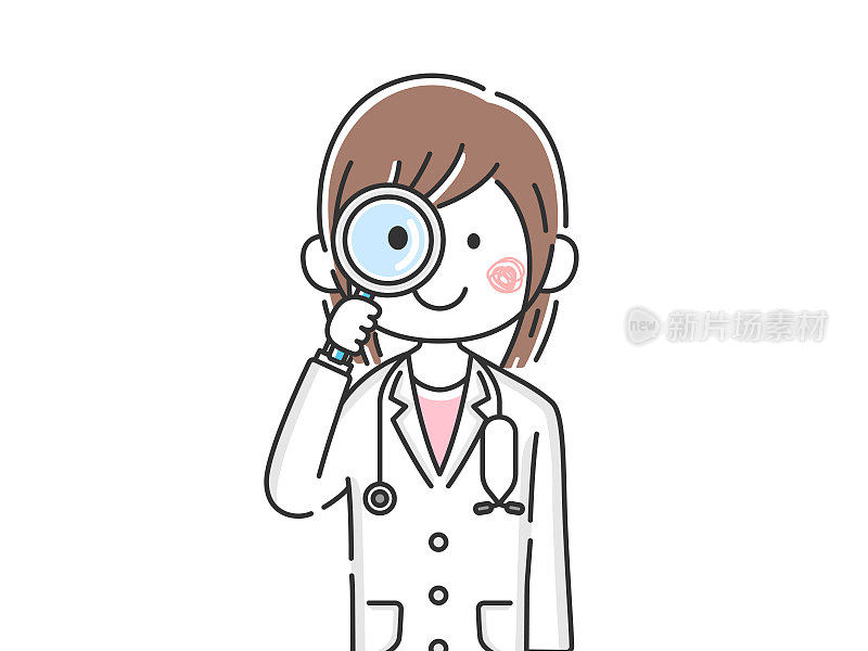 一个日本医生使用放大镜的插图。
