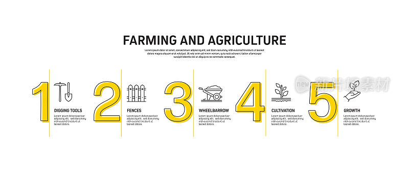 农业和农业相关过程信息图模板。过程时间图。带图标的工作流布局