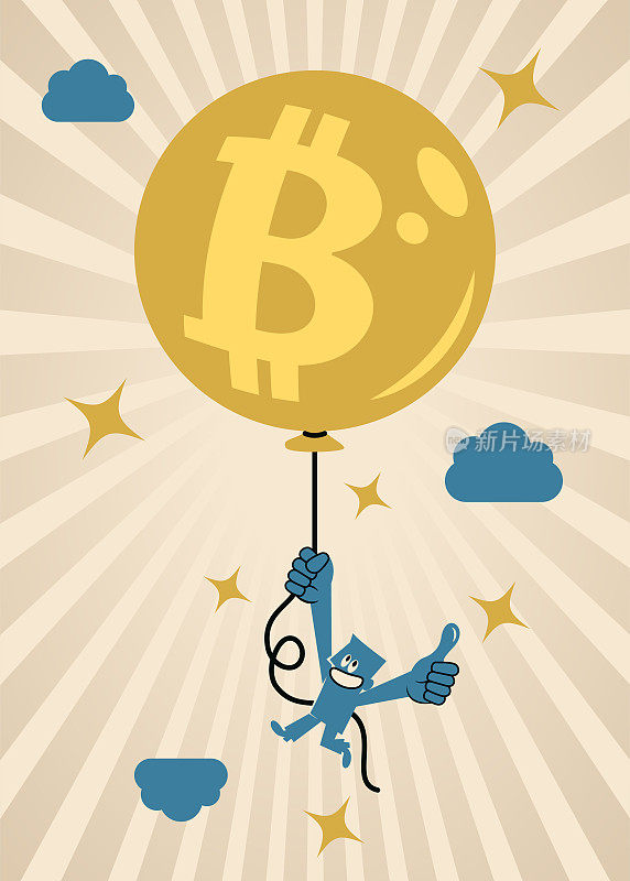 商人拿着一个装满比特币标志(加密货币)的气球在天空中飞行