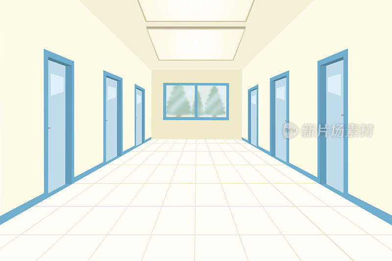 空的学校走廊内部与紧闭的教室门