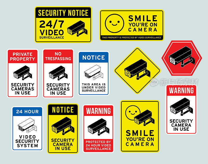 安全监控摄像头警告标志矢量插图
