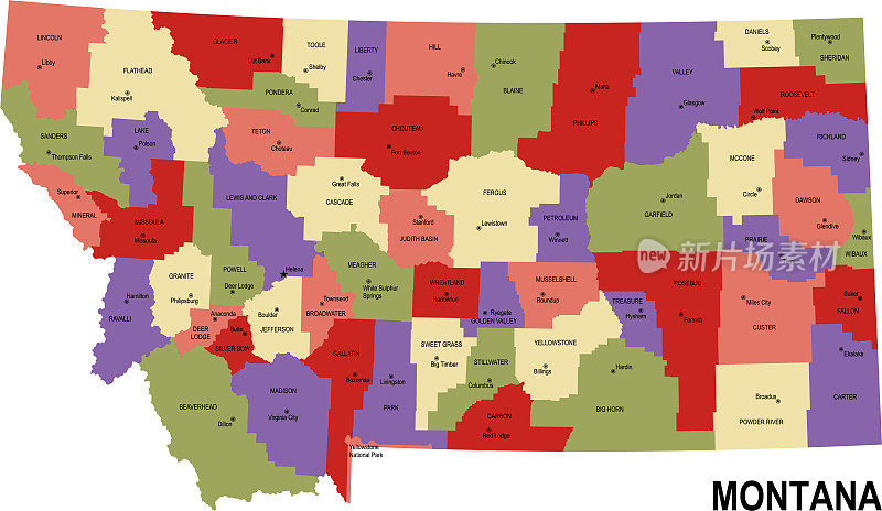 彩色平面地图的蒙大拿州美国与县