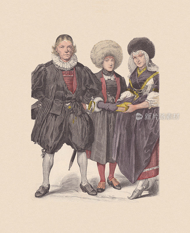 18世纪，瑞士服饰，手工着色木刻，大约出版于1880年