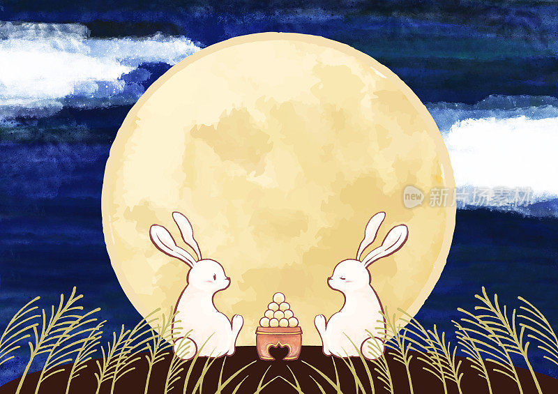 手写体月亮见插图水彩画十五夜满月超级月亮兔子饺子背景材料