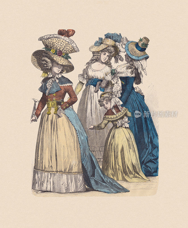 18世纪晚期，法国服饰，手工着色木刻，大约1880年出版
