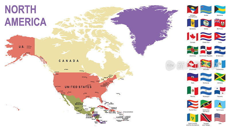 北美的彩色地图与旗帜在白色的背景