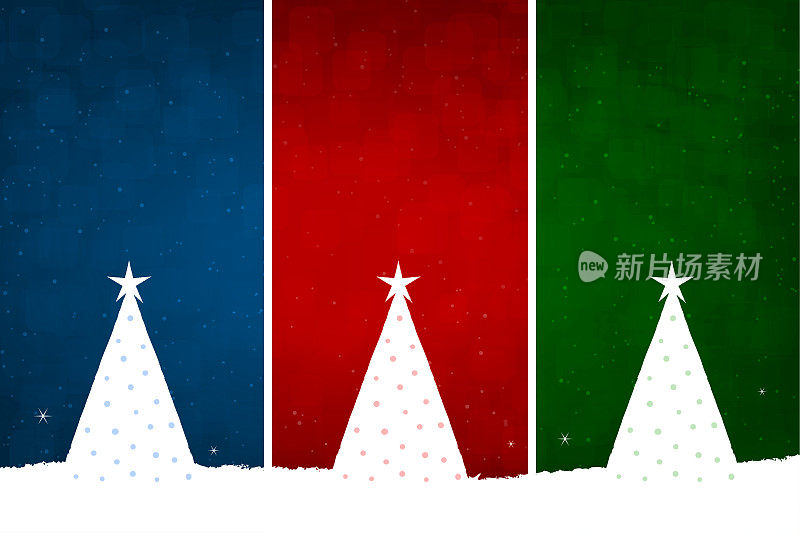 水平矢量插图的分割或分割多色背景与三个垂直划分红色,深蓝色和明亮的深绿色对比色,圣诞树和星星在所有三个