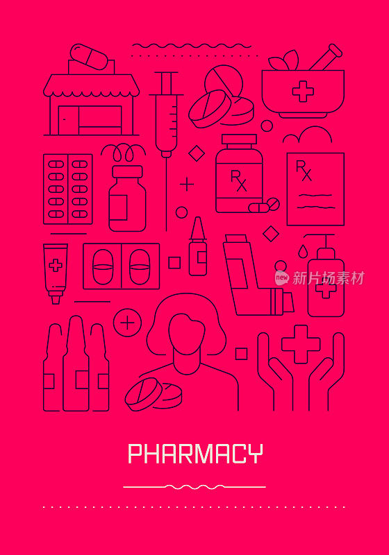药房相关的现代线设计小册子，海报，传单，演示模板矢量插图