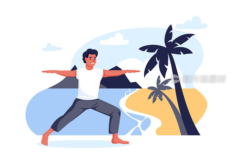 一个人站在海滩上，摆出勇士的姿势。户外瑜伽练习。矢量卡通人物插图