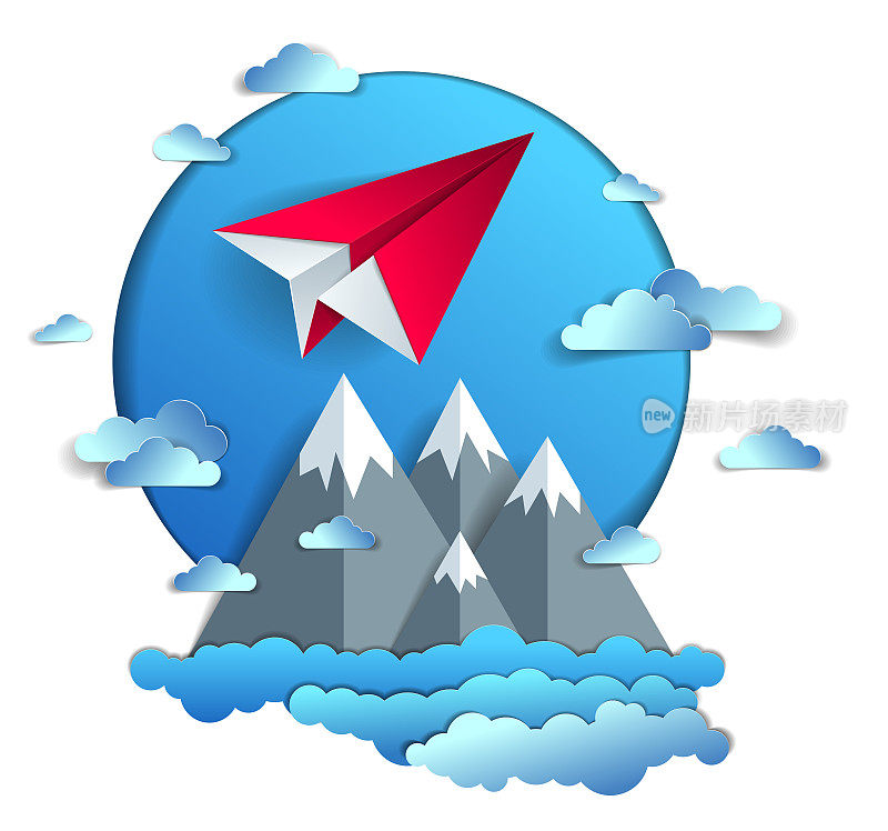纸飞机在多云的天空中飞过风景如画的山脉，折纸折叠的玩具飞机在美丽的自然，矢量插图，航空，航空旅行的主题。