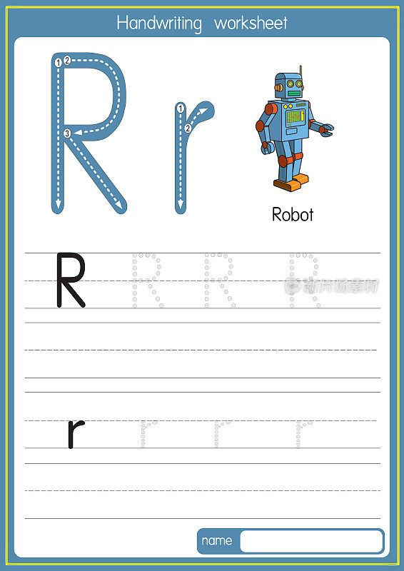 矢量说明机器人与字母R大写字母或大写字母的儿童学习练习ABC