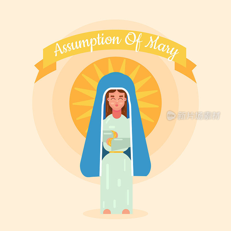 假定玛丽日矢量插图的问候在平坦的风格。圣母玛利亚图标矢量。8月15日，圣母玛利亚的海报。重要的一天