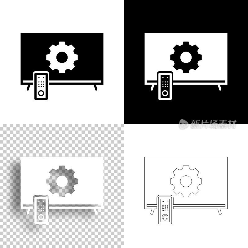 电视设置-齿轮。图标设计。空白，白色和黑色背景-线图标