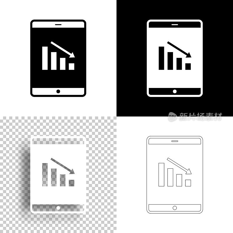 平板电脑下降图表。图标设计。空白，白色和黑色背景-线图标