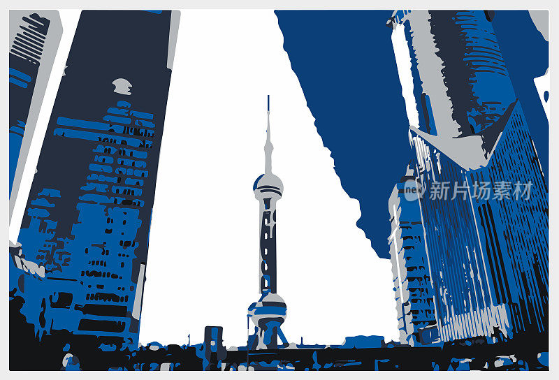 矢量艺术雕刻效果上海城市建筑插图背景